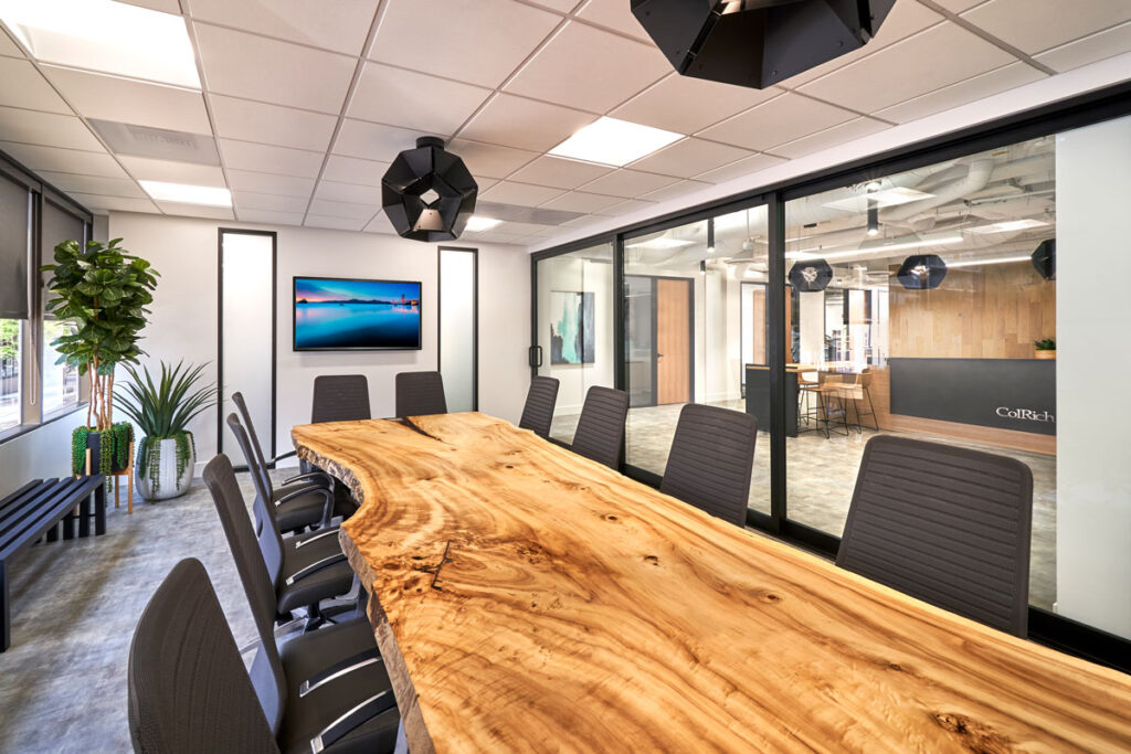 Colrich conference room with wood grain table
